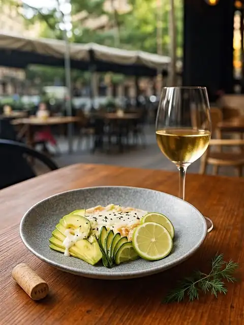 Plato mediterráneo con aguacate y copa de vino en terraza
